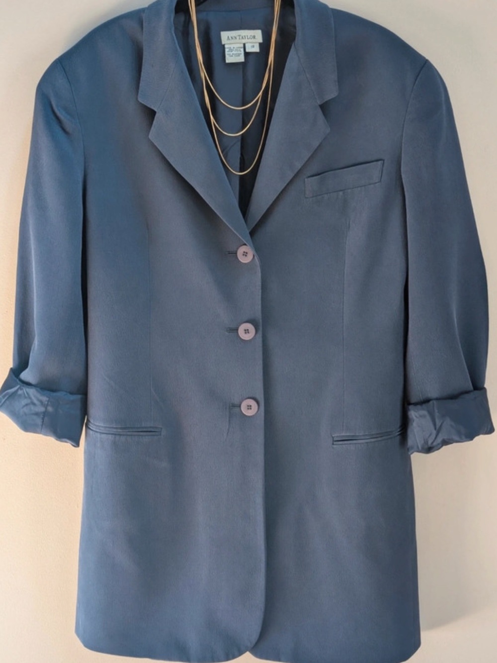 Vintage 100% Silk Ann Taylor Women's Slate Blue Long Blazer
